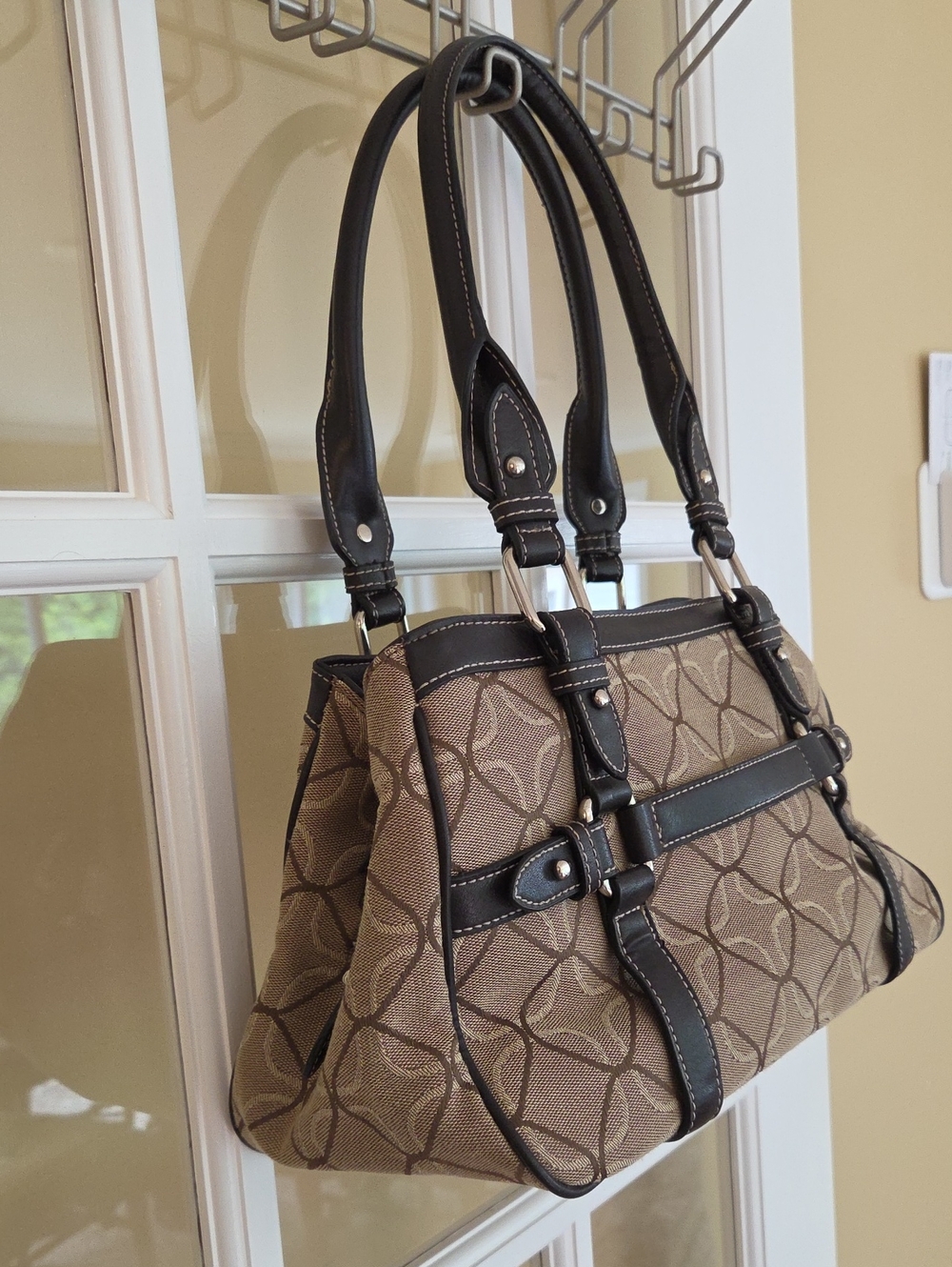 Vtg Nine West Beige Patterned Satchel/ Over Shoulder Bag with Dark Brown Trim - Picture 7 of 15